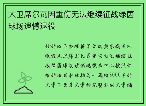 大卫席尔瓦因重伤无法继续征战绿茵球场遗憾退役