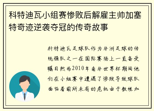 科特迪瓦小组赛惨败后解雇主帅加塞特奇迹逆袭夺冠的传奇故事